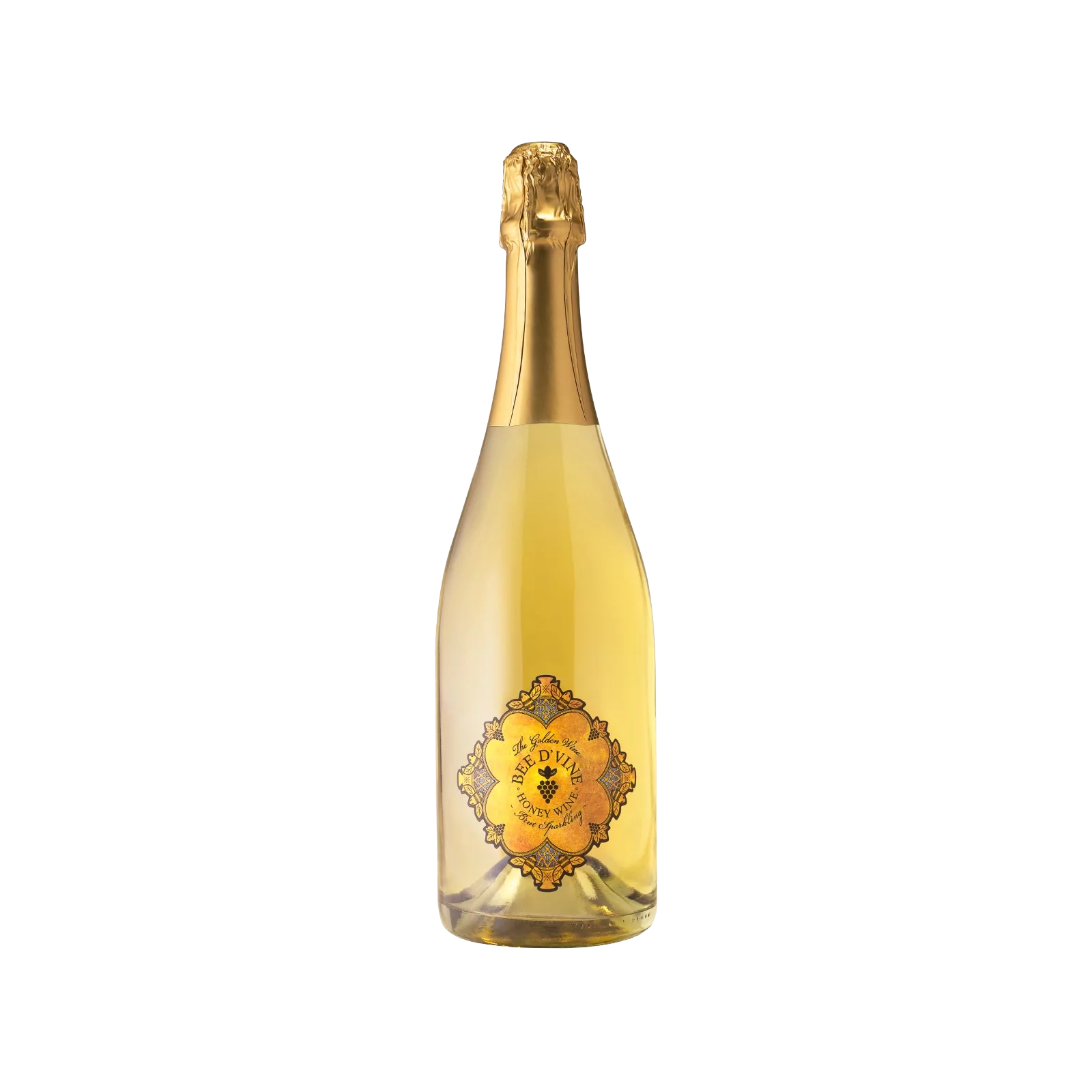 Top down photo of Brut Sparkling Bee d'Vine dry with almonds, kiwi, flowers and honey