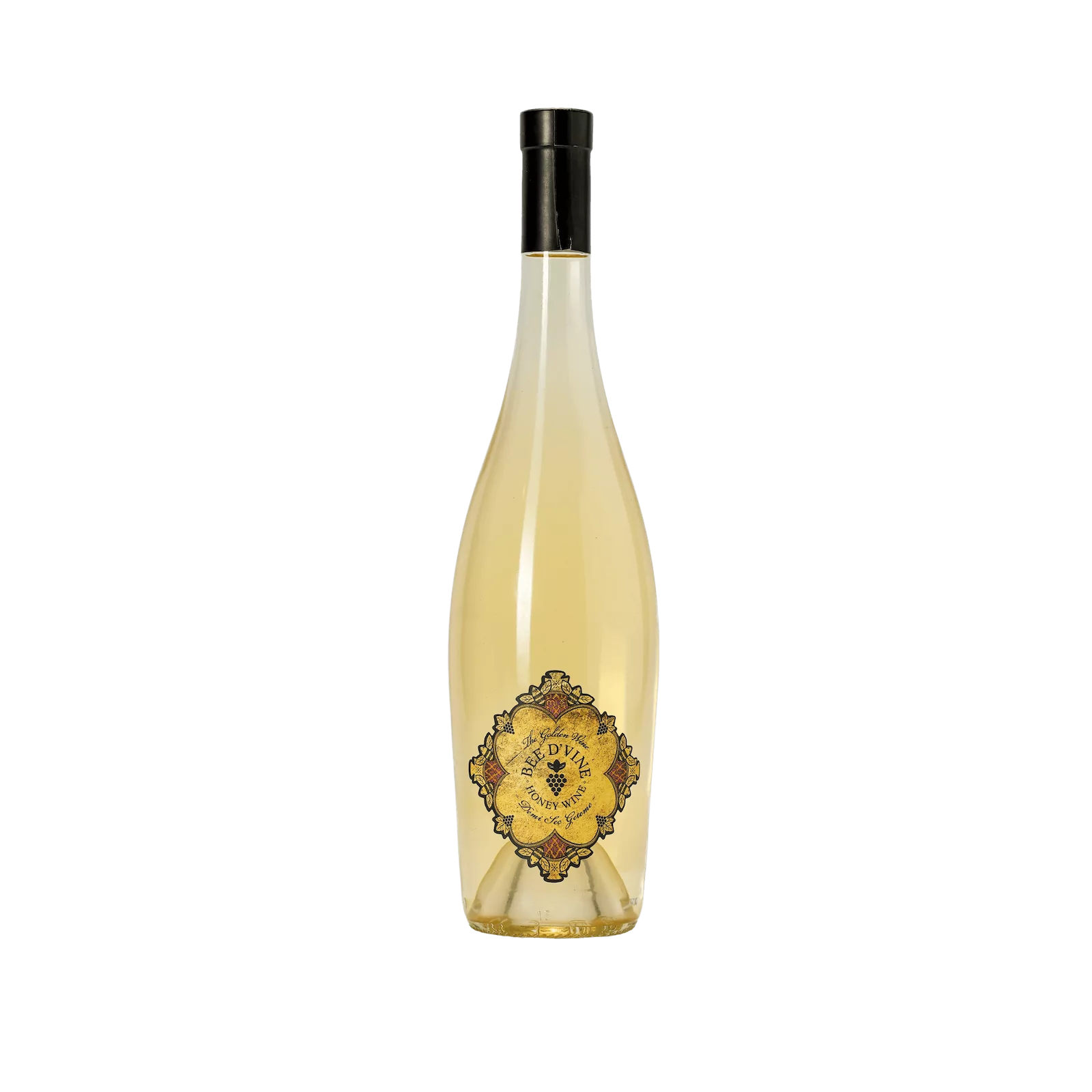 Top down photo of Demi-Sec Bee d'Vine Sweet Ethiopian Geteme Honey Wine mead with herbs flowers and honey