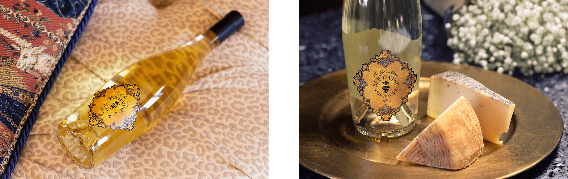 Two images of honey wine: the left image is of the sweet Demi Sec Bee d'Vine honey wine resting on the side on a pillow. The right image is Brut Bee d'Vine dry honey wine served with cheese.