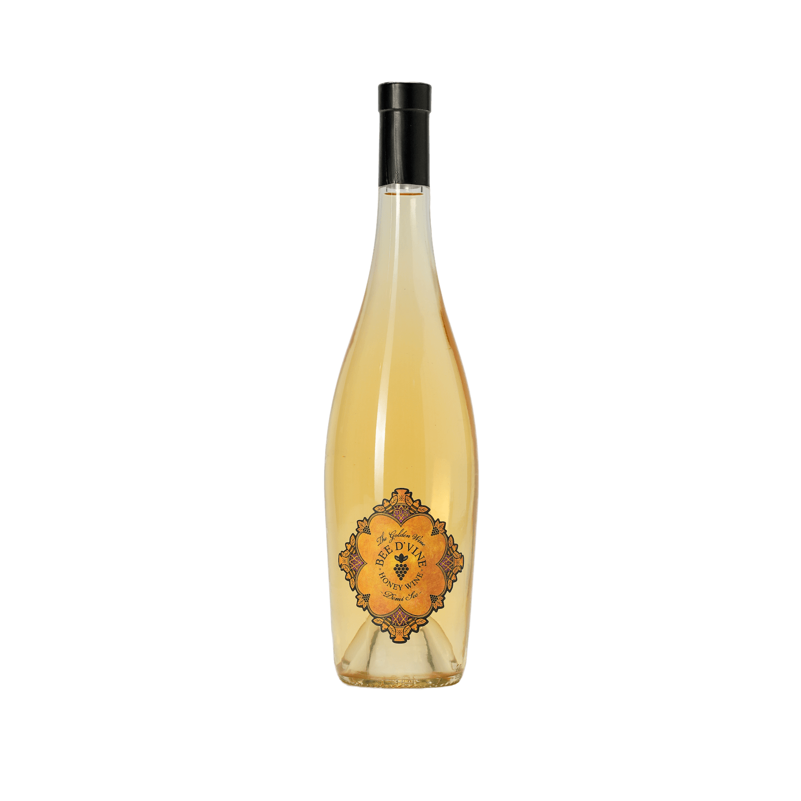 Top down shot of Demi Sec Bee d'Vine sweet mead honey wine with nuts, fruits, flowers and honey