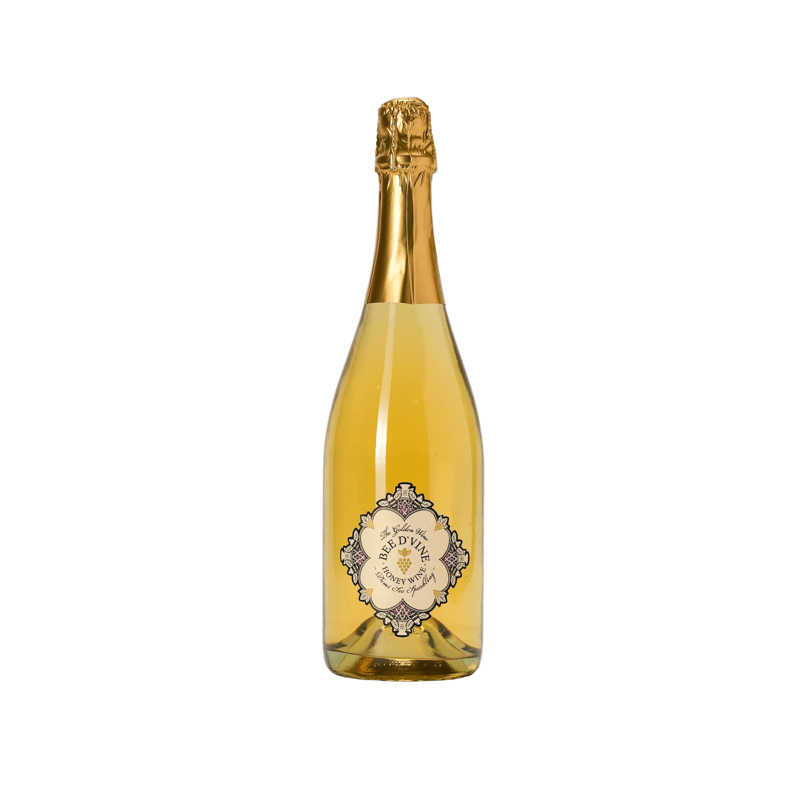 Top down shot of sparkling Bee d'Vine sweet demi sec with nuts, fruits, herbs, flowers and honey.