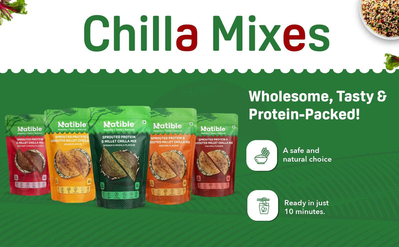 Natible Variety Pack - Sprouted Protein and Sprouted Millet Chilla Mix – Savory Indian Pancake Mix (Pack of 5)