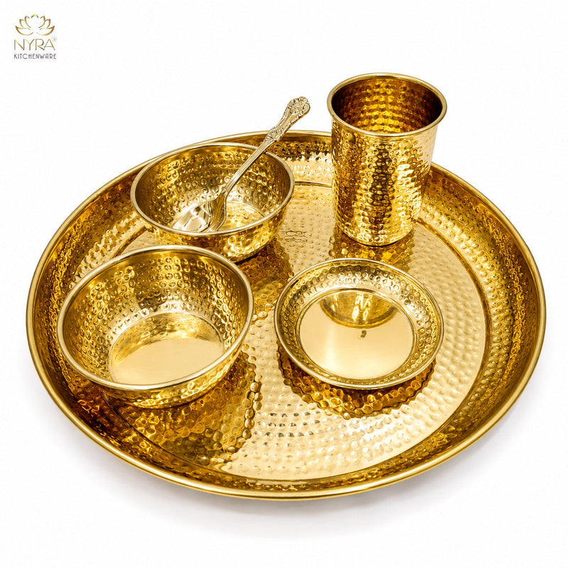 nyra-kitchenware-premium-brass-hammered-thali-set-of-6-pcs-traditional-indian-dinnerware-pital-bhojan-set-glossy-gold-finish-luxury-gifting