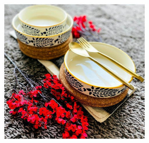 Yellow Bleu Hand Painted Flat Bowl Set Set Of 3