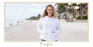 Model in white french terry hoodie